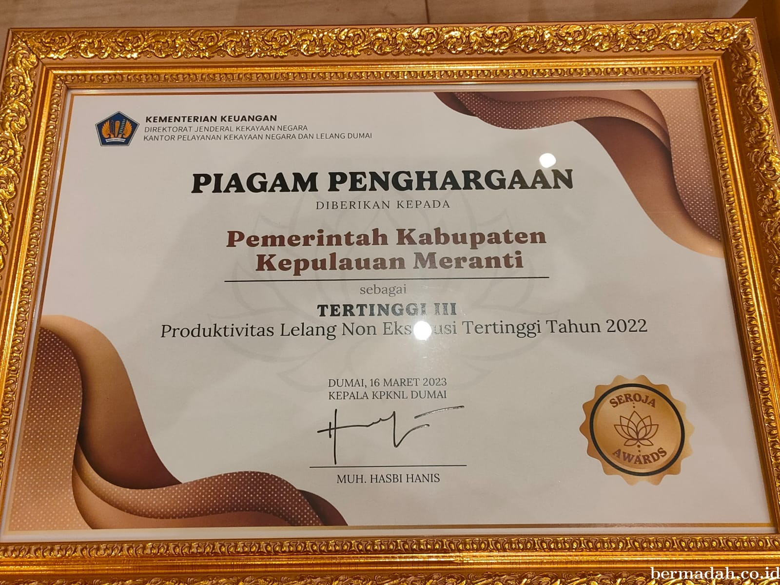 Meranti Terima Dua Penghargaan Seroja Award dari KPKNL Dumai