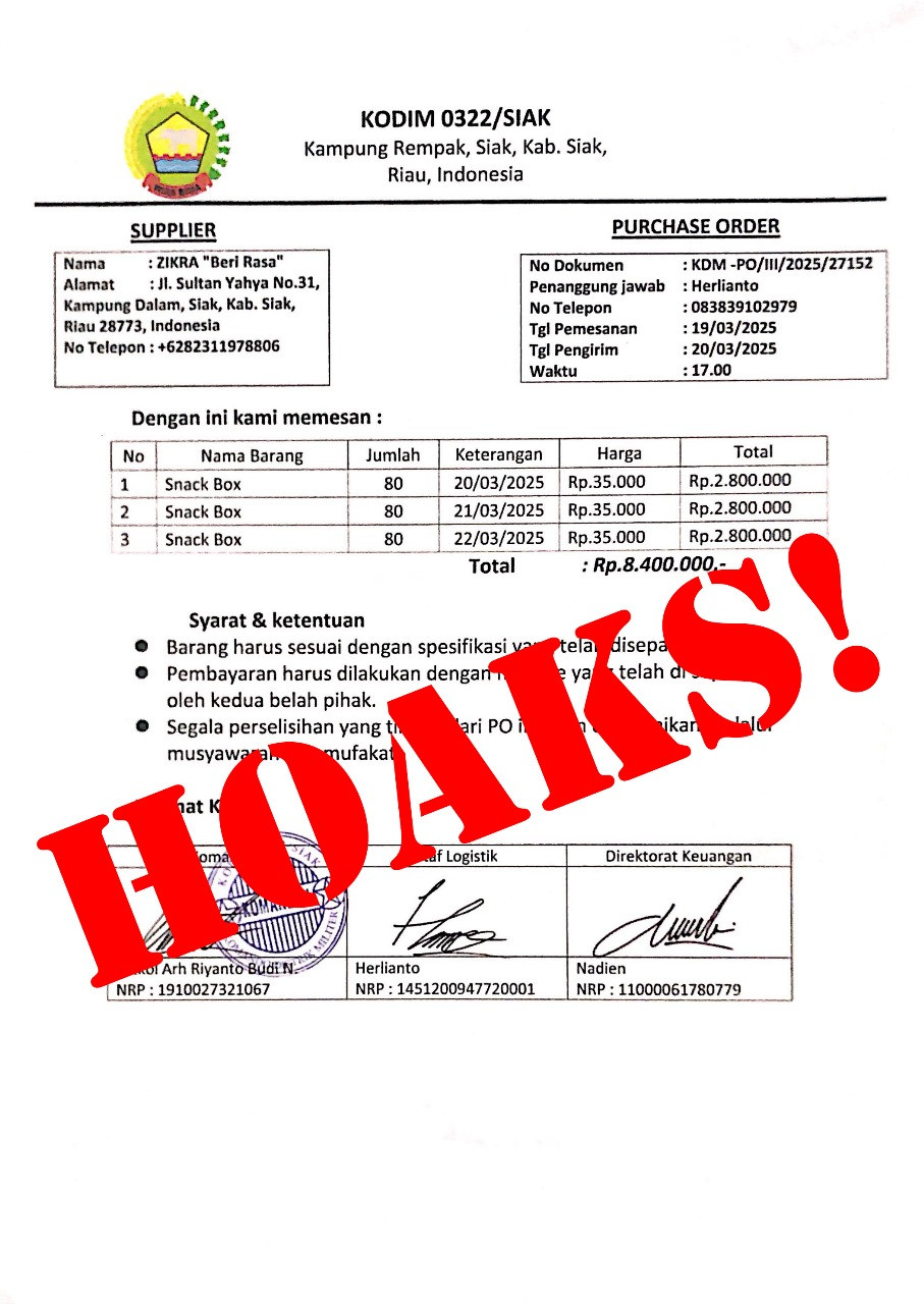 WASPADA! MODUS PENIPUAN MENGATASNAMAKAN KODIM 0322/SIAK