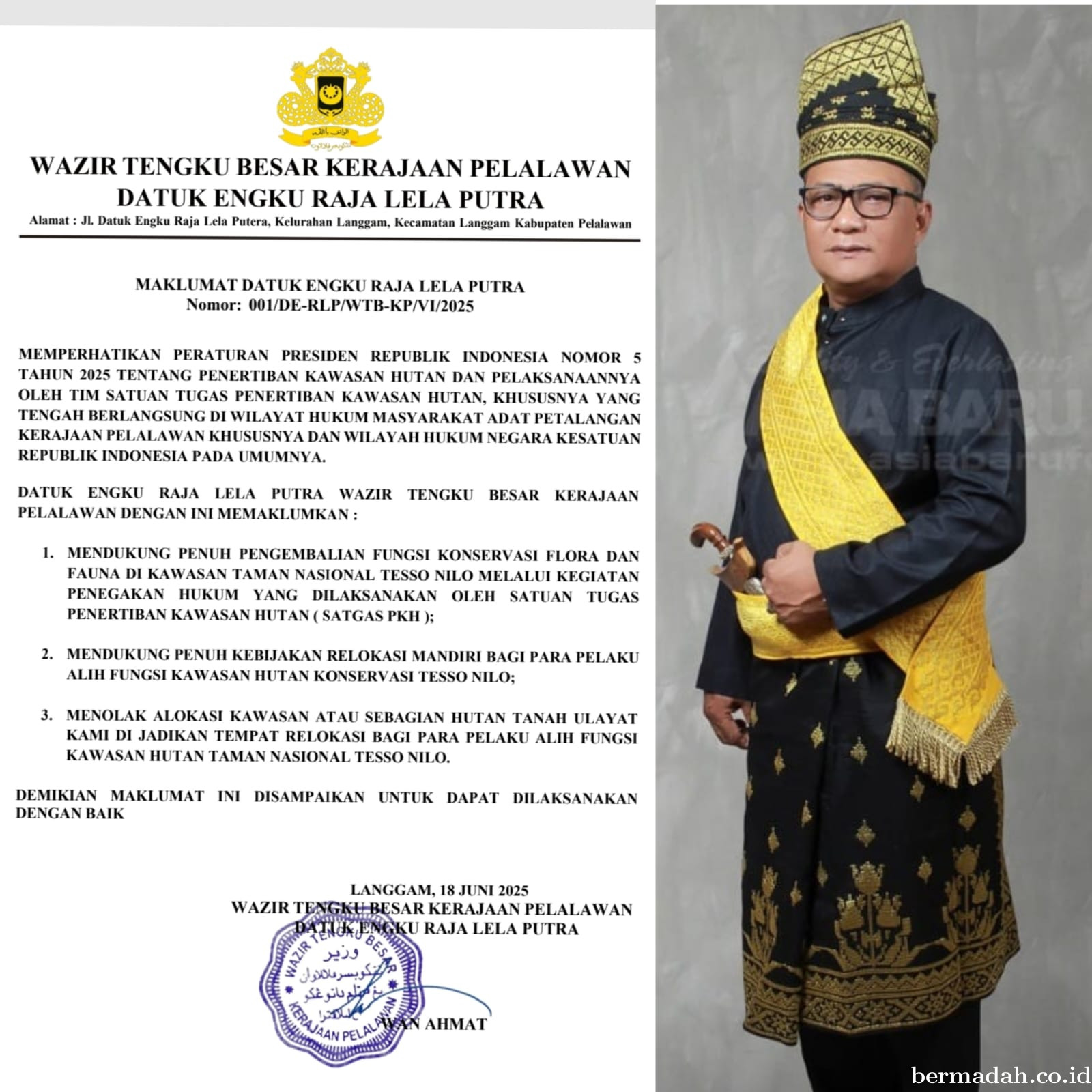 Datuk Engku Raja Lela Putra: Tokoh Adat Pelalawan Dukung Penuh Satgas PKH Tertibkan Hutan TNTN